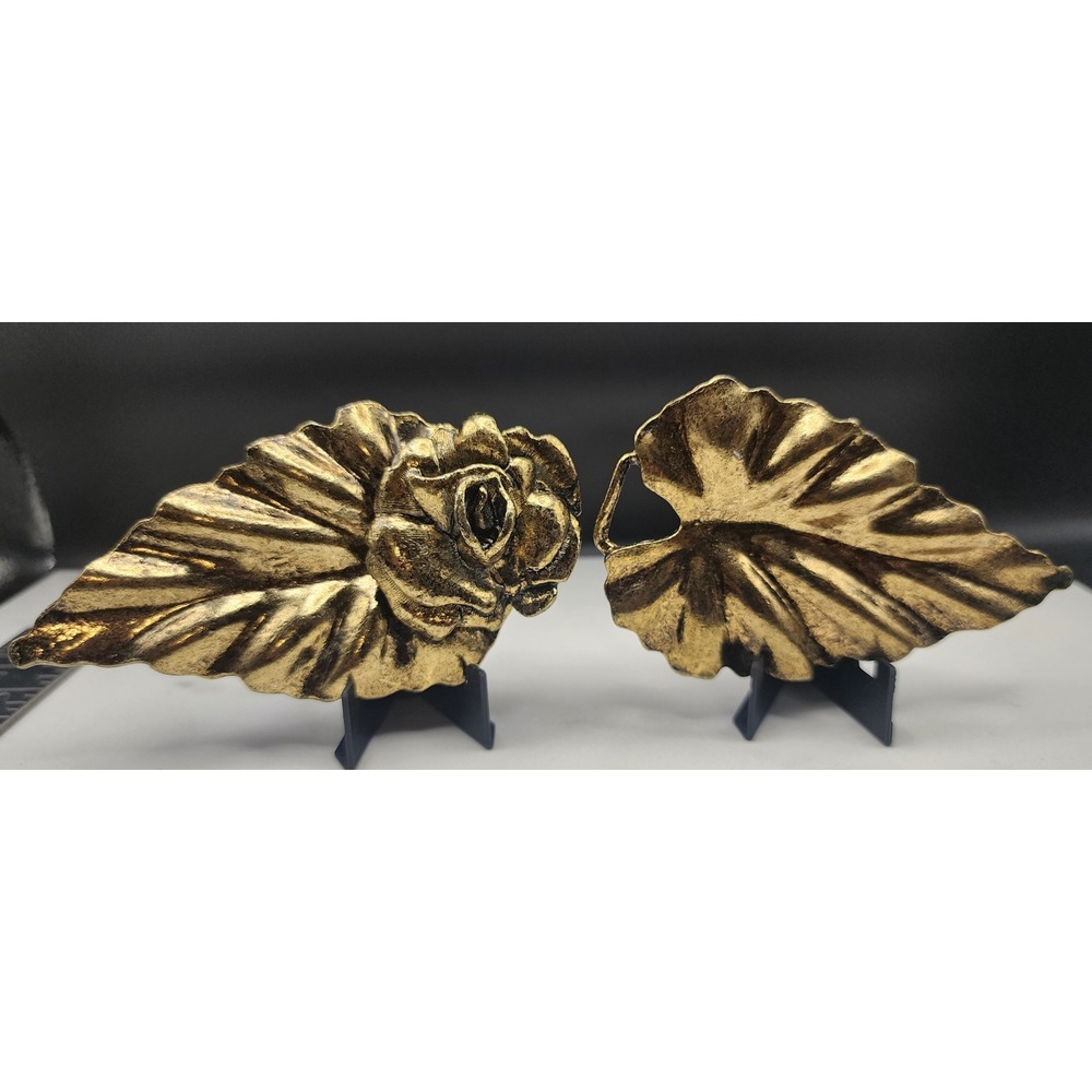 Vintage Burnished Gold Tone Rose and Leaf Two Piece Interlocking Belt Buckle